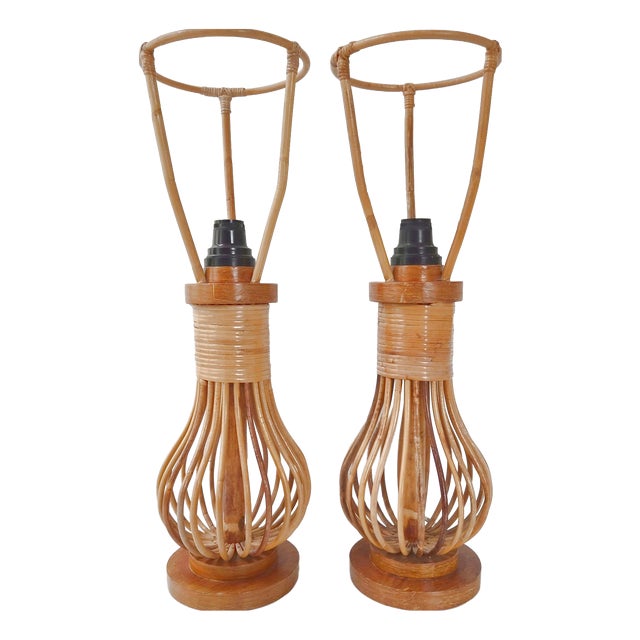 Vintage Table Lamps in Rattan and Beech, 1960s, Set of 2 For Sale