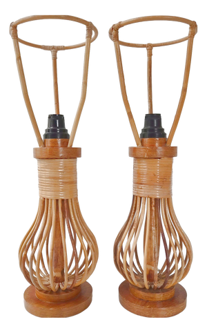 Vintage Table Lamps in Rattan and Beech, 1960s, Set of 2