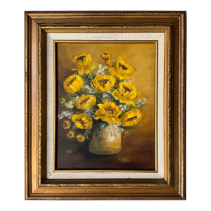 Vintage Golden Blossoms Still Life Oil Painting by E. Rogge