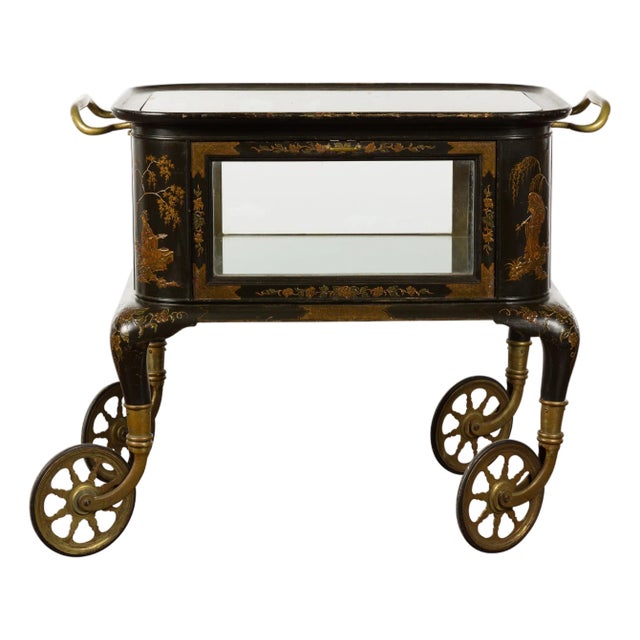 19th Century English Black and Gold Japanned Cart with Chinoiserie Décor For Sale
