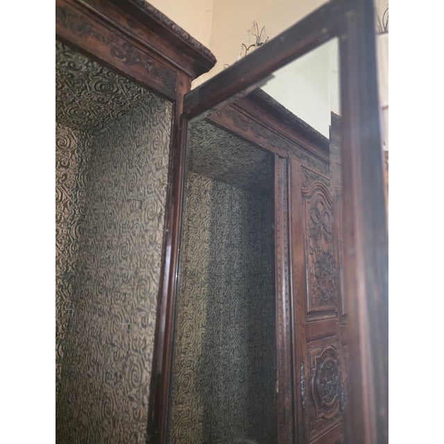 Brown Antique French Armoire Lined in Fortuny Fabric For Sale - Image 8 of 9