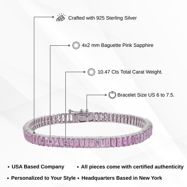 Baguette Cut 10.47 Ct Pink Sapphire Linear Tennis Bracelet for Valentine in Silver, 7 Inch For Sale - Image 11 of 14