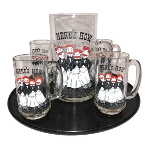 Vintage Mid-Century “Here’s How” Beer Pitcher With Glasses Set, 6 Pieces