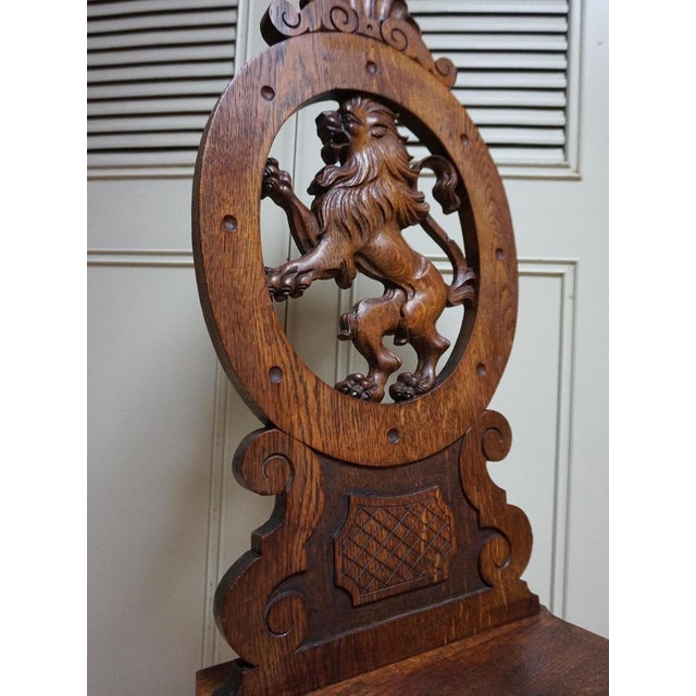 Rustic 19th Century Swiss Black Forest Hand Carved Oak Side Chair with Standing Lion For Sale - Image 3 of 15