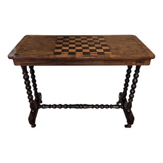 Antique Italian Walnut Burl Inlay Chess Games Side Table with Bobbin Turned Legs, 1890s For Sale