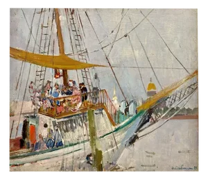 Gleb Savinov, Restaurant on the Neva, St. Petersburg, Oil on Canvas, 1984