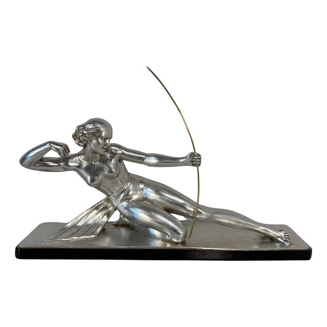 Salvatore Melani, Art Deco Diana the Huntress Sculpture, Silver Leaf Sculpture, 1930s For Sale