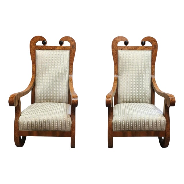 Biedermeier Tall-Back Armchairs with Floral Marquetry, 1830, Set of 2 For Sale