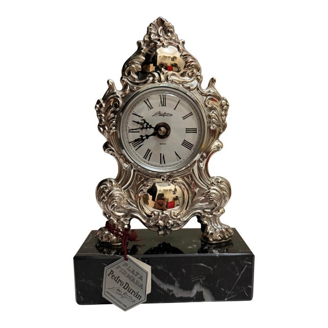 Sterling Silver 925 Pedro Duran Mantel Clock Marble Stand Louis XV Style NWT For Sale