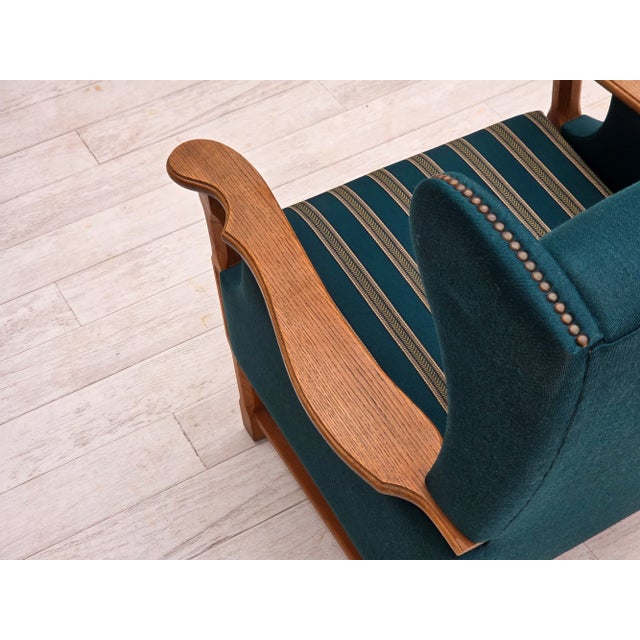 Danish Highback Armchair in Turkis-Green Wool and Oak Wood, 1970s For Sale - Image 15 of 18