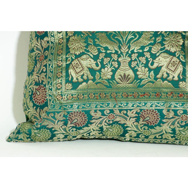 Green Emerald Green Exotic Silk Throw Pillow With Elephants and Peacocks India For Sale - Image 8 of 12