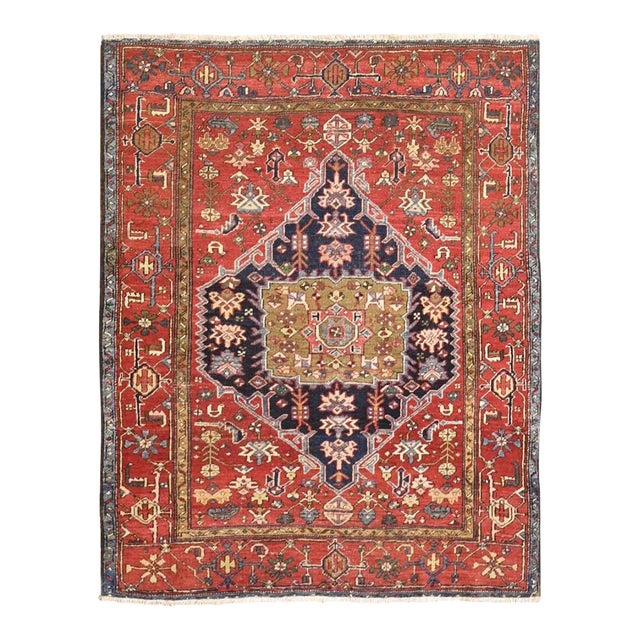 Antique Persian Heriz Natural Wool Hand Knotted Oriental Rug For Sale