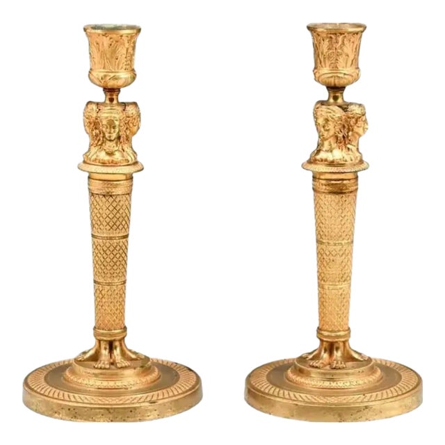 French Empire Doré Bronze Candlesticks, a Pair For Sale