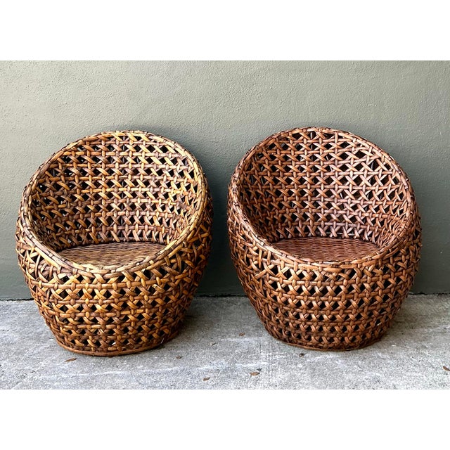 Vintage Woven Rattan Lounge Chairs - Pair For Sale - Image 9 of 12