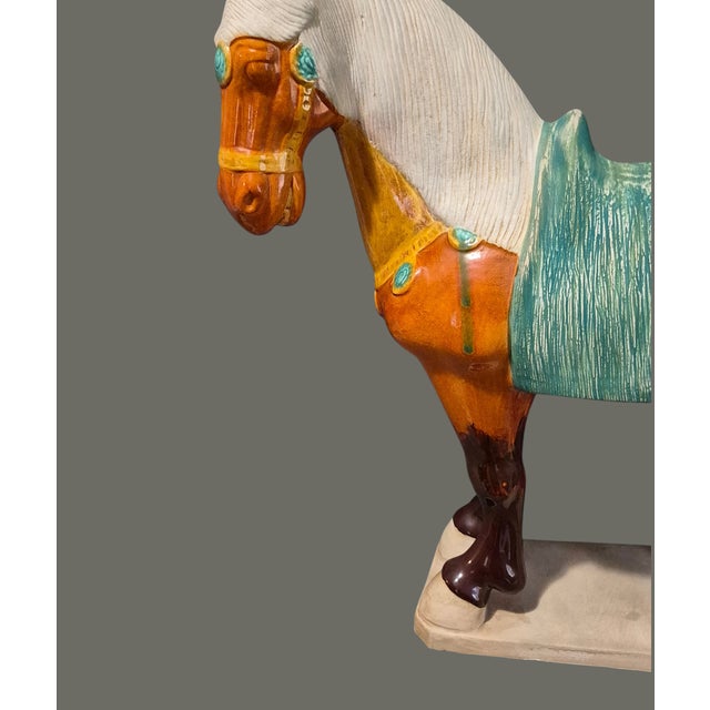 Vintage Asian Pottery Hand Painted Tang Sancai Glazed Horse Statue For Sale - Image 4 of 12