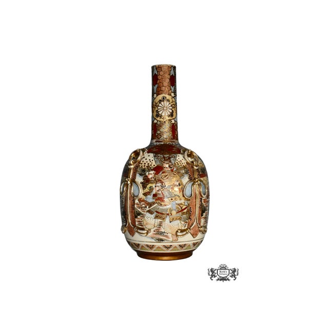 Antique (1910's) Bottle Vase is a Japanese Sutsuma Style. Made of Porcelain - Ceramic. Figural & Ribbon Details, Multi-...