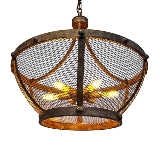 Farmhouse Aged Vintage Iron Mesh Bowl Chandelier For Sale - Image 3 of 9