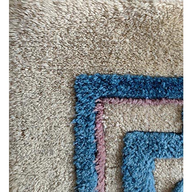 Art Deco 1920s Ivoryy Blue Medallion Antique Chinese Art Deco Rug 3' X 5' Handknotted Wool Carpet For Sale - Image 3 of 4