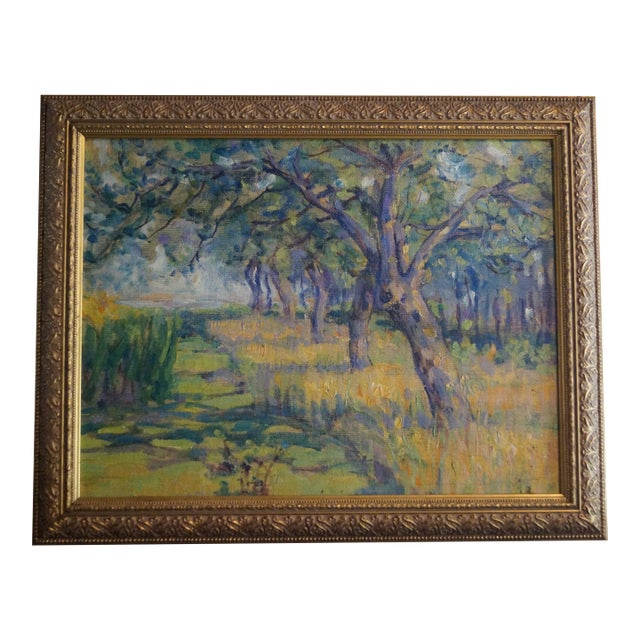 1930s Green and Gold Impressionist Landscape of Trees For Sale