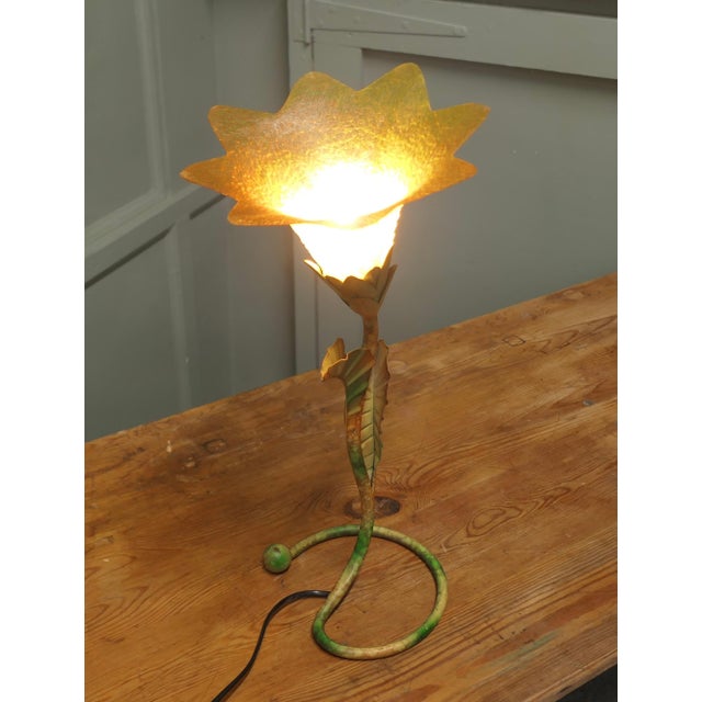 French Painted Toleware Lilly Pad Table Lamp, 1960 For Sale - Image 6 of 9