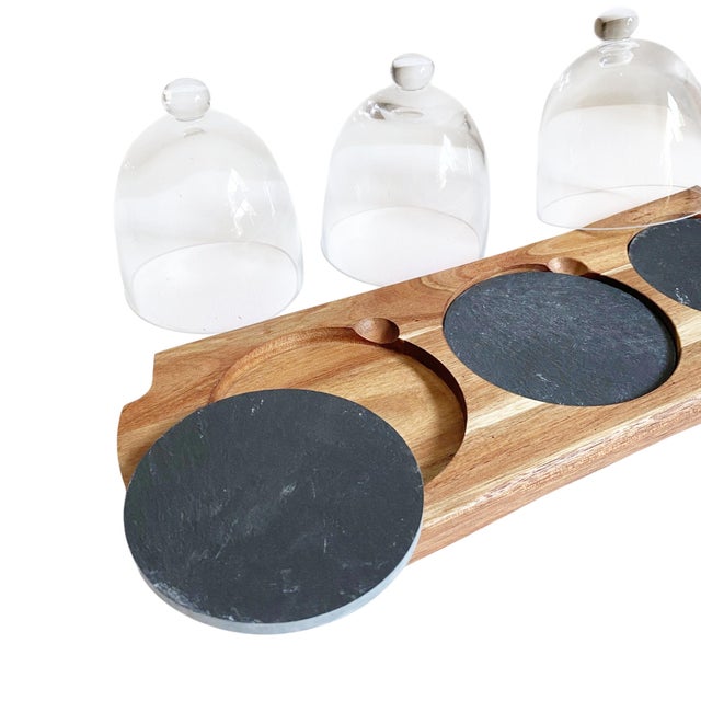 1990s 1990s Charcuterie Board With 3 Glass Domes on Wood Base For Sale - Image 5 of 5