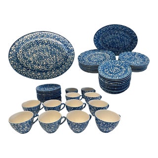 Mid 20th Century Royal Copenhagen Royal Cumberland Blue & White Splatterware Spongeware Dinner Plate Set, Platter, Cups & Saucers Set- 42 Pieces For Sale