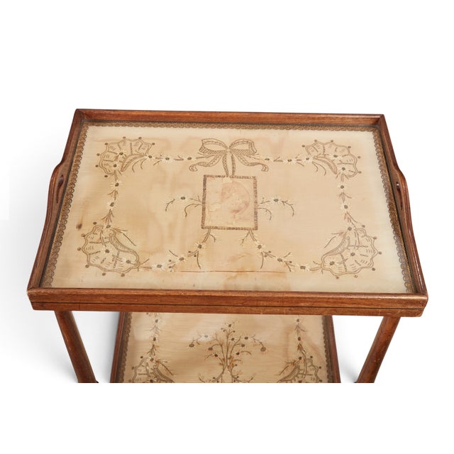 Regency Style Two Tier Mahogany & Embroidered Silk Tray Table.