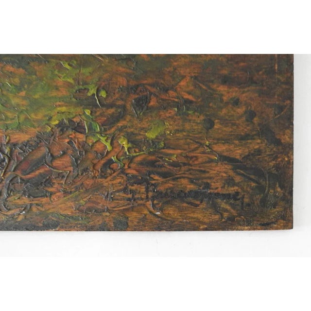 Late 19th century oil on wood panel Barbizon School impressionist riverside landscape with fisherman. Signed illegibly...