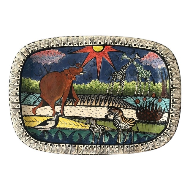 2005 Signed Penzo African Wildlife Ceramic Platter For Sale