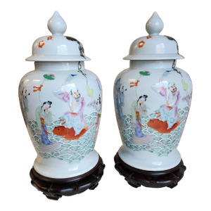 Antique Famile Rose Porcelain Baluster Urns With Carved Wooden Stands - A Pair