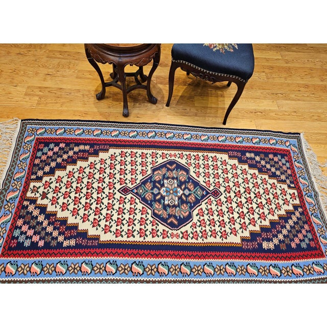 Vintage Persian Senneh Kilim Area Rug, Handwoven Wool, Floral Pattern, Ivory & Blue, 3x6 For Sale - Image 4 of 15