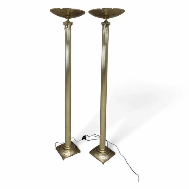 Vintage Art Deco Rembrandt Brass Corinthian Column Torchiere Floor Lamp - Pair For Sale In Chicago - Image 6 of 10