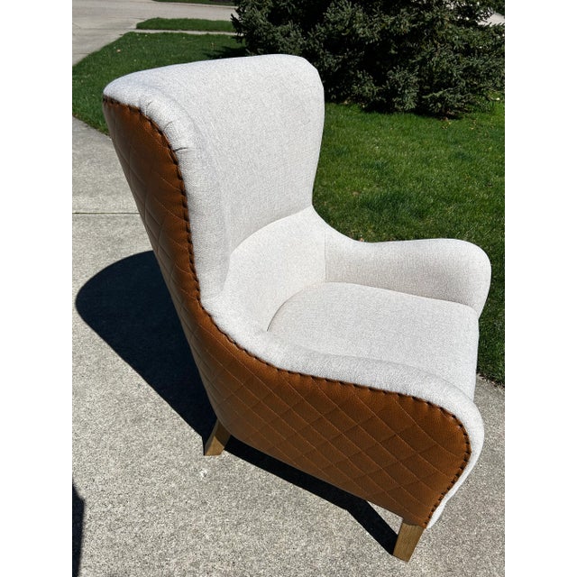 2020s Lillian August Style Wingback Chairs, Pair – Oatmeal Beige Mistral Upholstery, Diamond-Stitched Faux Leather, Nailhead Trim For Sale - Image 5 of 11