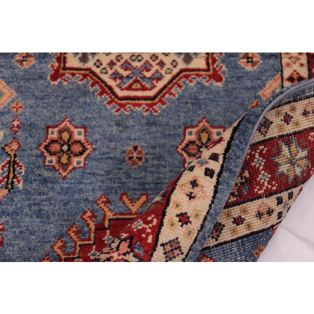 Textile Rustic Super Kazak Light Blue/Red Wool Runner Rug- 2'5'' X 9'9'' For Sale - Image 7 of 10