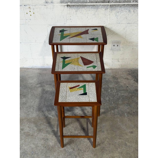 1960s Teak Abstract Mosaic Tile Top Nesting Tables Set of 3 Mid-Century Modern 1960s For Sale - Image 5 of 10