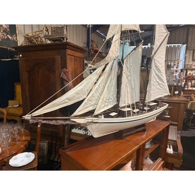White Model Sailboat in Wood and Fabric, 1960s For Sale - Image 8 of 10