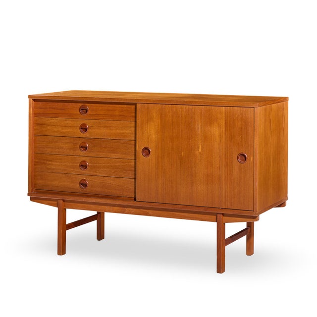 Mid-Century Modern Dux Mid Century Danish Teak Petite Sliding Door Credenza For Sale - Image 3 of 11