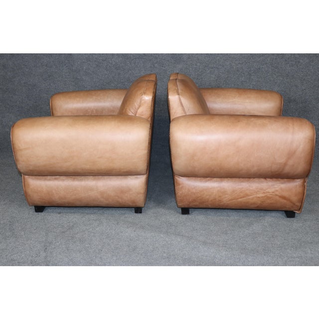 Late 20th Century Pair Restored French Art Deco Style Leather Distressed Moustache Club Chairs For Sale - Image 5 of 14