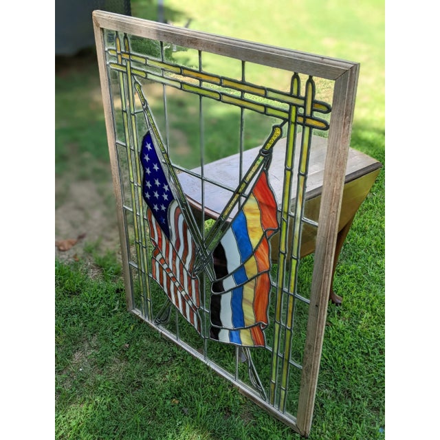 Transparent Large Vintage Stained Cathedral Glass Window Ft. Crossed Staff American Flag For Sale - Image 8 of 13