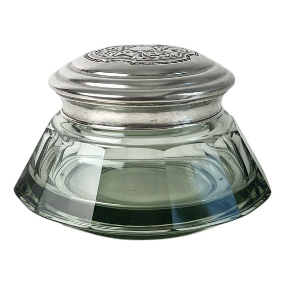 Green Crystal Vessel with 800 Silver Lid For Sale