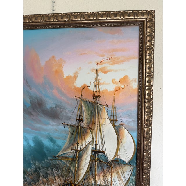 Blue Original Oil Painting Tall Ship at Sea Framed Maritime Seascape For Sale - Image 8 of 9