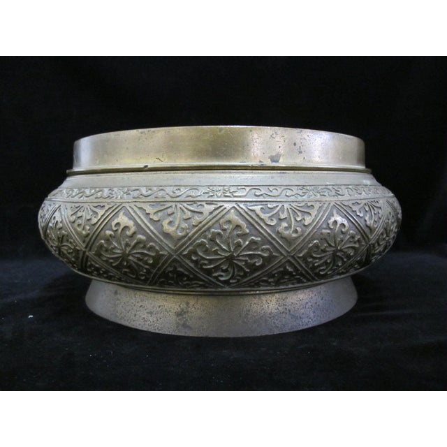 Antique Persian Large Heavily Etched Brass Bowl With Lid or Stand For Sale - Image 4 of 11