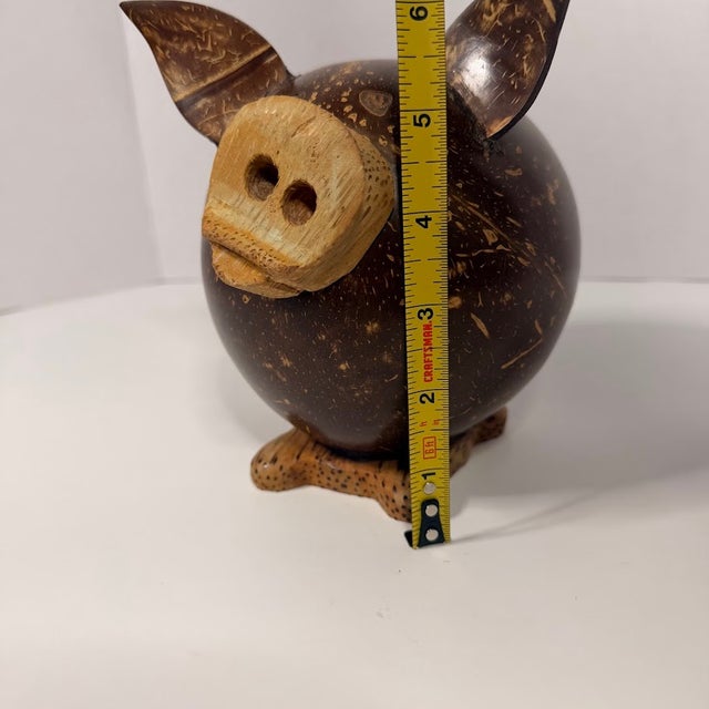 Shell Handmade Coconut Shell Piggy Bank Carved Wood Rustic Tropical Folk Art Decor Pig Folk Art For Sale - Image 7 of 11