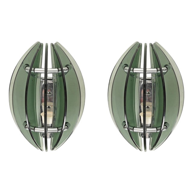 Green Crystal and Chrome Wall Sconces by Veca, Italy, 1970s, Set of 2 For Sale