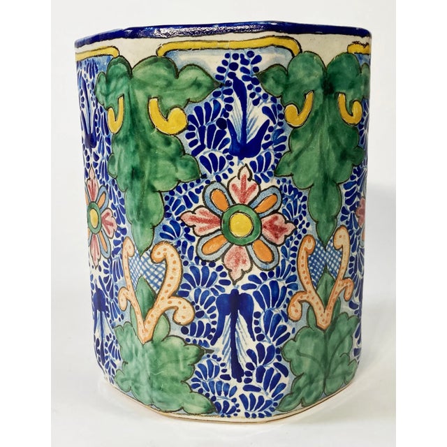 So many options with this vintage Talavera-style glazed container made in Pueblo Mexico. Brightly colored in blues,...