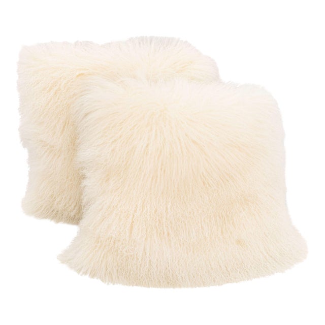 White Mongolian Lamb Pillows, Pair For Sale