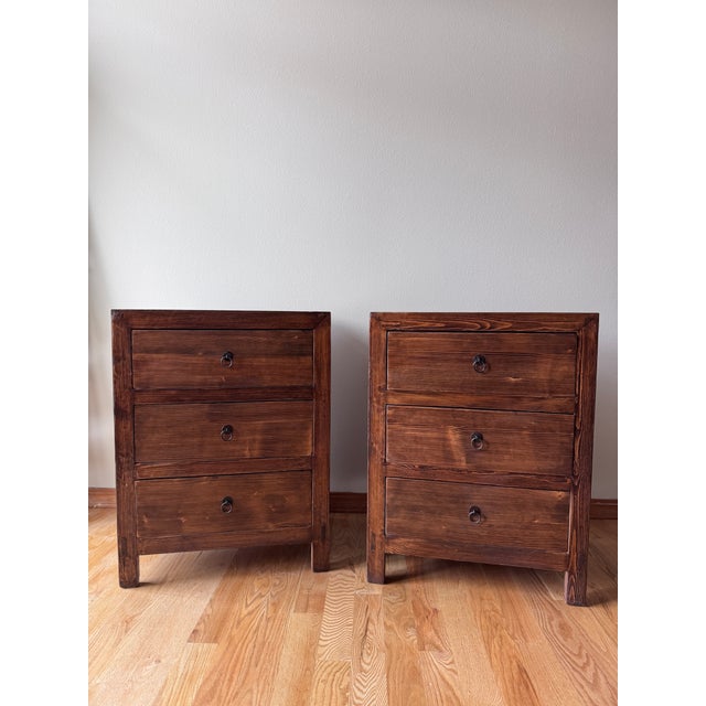 Brown Pair of Circa Loft Rustic Wood Three-Drawer Bedside Chests For Sale - Image 8 of 9