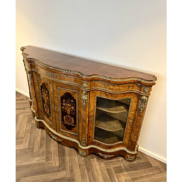 Late 19th Century Antique Victorian Walnut Marquetry Inlaid Credenzas, 1880s, Set of 2 For Sale - Image 5 of 18