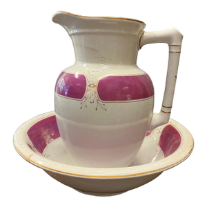 Antique Burgess & Campbell Ironstone China Pitcher & Wash Basin Purple & Gold Trim