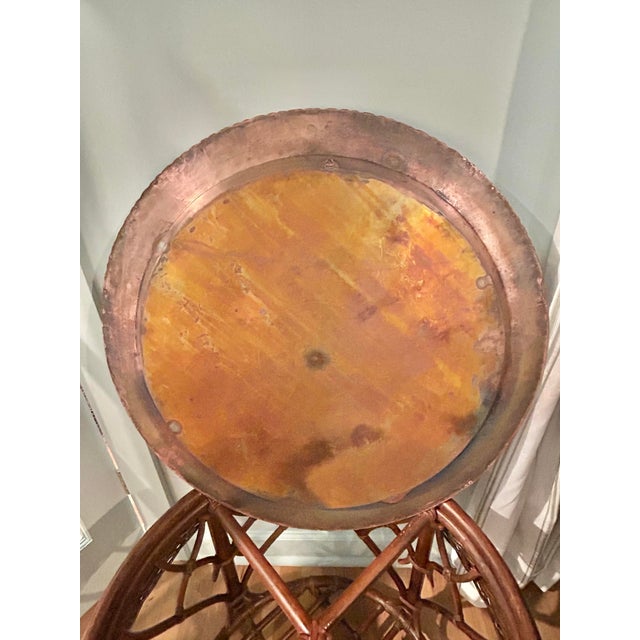Early to Mid 20th Century Round Rattan and Wicker Table With Moroccan Etched Brass Tray Top For Sale - Image 11 of 12